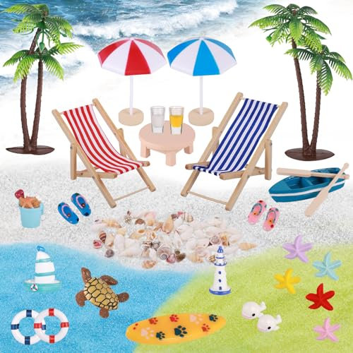 Zocipro 33Pcs Beach Micro Landscape Age 2+, Miniature Beach Chair Mini Deck Chair Decorative, Mini Seashell Parasol Small Palm Tree Decorative Accessories for DIY Zen Garden Decoration Gift