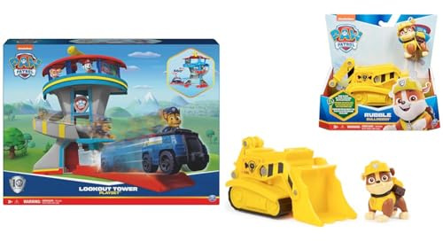 PAW PATROL, Lookout Tower, Hauptquartier Spielset mit 1 Chase Basis Fahrzeug, 2 Chase Figuren und Zubehör, geeignet für Kinder ab 3 Jahren & 6056857 Rubbles Bulldozer und Figur (Basic Vehicle)
