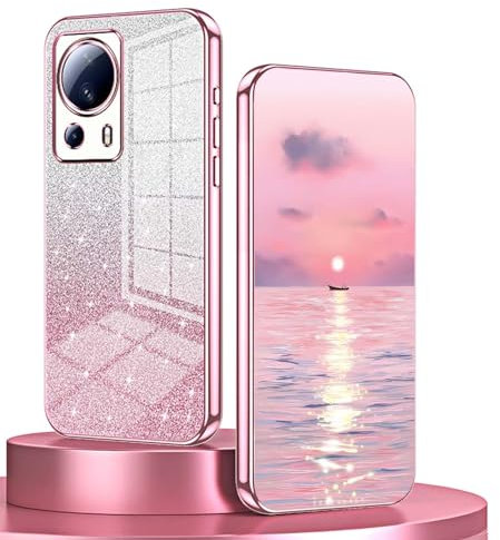 BORYA Cover per Xiaomi 13 Lite 5G, Ultra Sottile Antiurto TPU Bumper Morbida Silicone Custodia, Elegante Placcatura Caso con Lusso Gradiente Carta Glitterata, Rosa