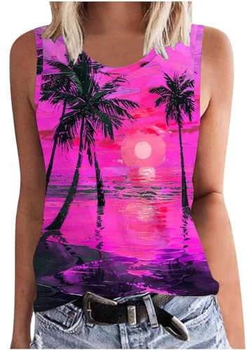 SYDUZAX Tank Tops for Women UK Printed Round Neck Sleeveless Vest Tops Sunset Palm Trees Graphic T-Shirts Hawaiian Holiday Vests Going Out Loose Fit Blouse Tunic Ladies Tee Tops