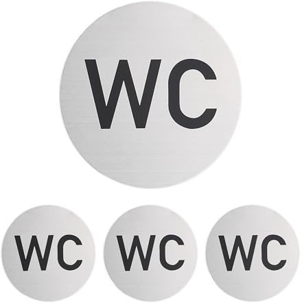 Relaxdays WC Schild, 4er Set, rund, Türschild zum Aufkleben, Ø 10 cm, Bad & Gäste-WC, Aluminium, Toilettenschild, Silber