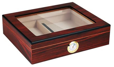 STEPHM Zigarren-Humidor-Box for 30 bis 35 Zigarren, Zigarrenetui, Zigarrenbox aus Zedernholz, Geschenk mit Glasplatte, Hygrometer, Luftbefeuchterstange und Trennwand(Color:Walnut)
