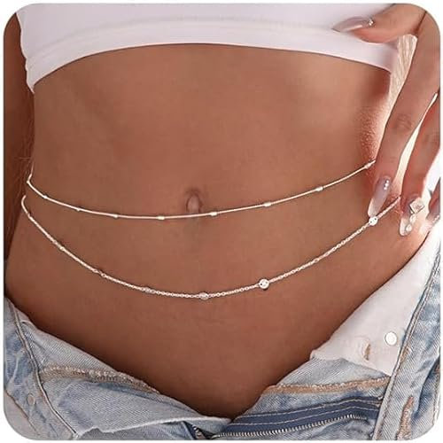 Hebterrka 2pcs chaînes de taille perlées chaîne de ventre en argent pour femmes, chaîne de corps sexy, chaîne de hanche en couches, chaîne réglable, bijoux pour bikini