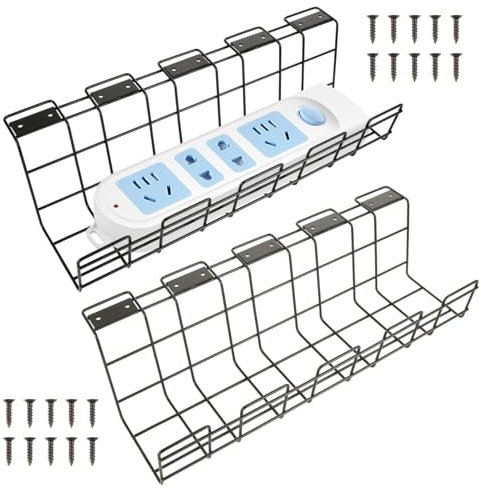 LDXDRU 2 Pack Under Desk Cable Management Tray, 40cm Desk Cable Tray, Black Cable Tidy Basket Metal Under Desk Cable Tidy Wire Cable Holder Under Desk Cord Organizer for Home Office