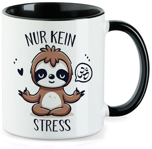 Huuraa Kaffeetasse Nur keinen Stress Yoga Faultier Geschenk 330ml Schwarz Nur keinen Stress Präsent