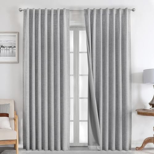 Joydeco Blackout Thermal Lined Curtains 55x96 Inch Drop 2 Panels with Back Tabs & Rod Pocket, 100% Light Blocking Linen Texture Fabric Curtain Drapes for Living Room Bedroom