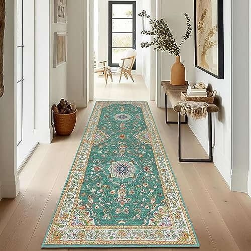 Enyhom Teppich Läufer Flur 80 x 200 cm, rutschfest Washchbar Küchenteppich Modern Weich Kurzflor Blumenteppich Hochwertig Luxuriös Boho Läufer für Flur Wohnzimmer Korridor Schlafzimmer, Grün