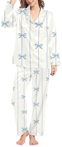 Pigiami Natalizi Donna Women's Winter Spring Home Leisure Valentine's Day Bow Love Loose Imitation Color DING Pajama Sleepy Pants Set Pigiama in Seta Donna Set Inter Pigiama Adulto (Blue, XL)