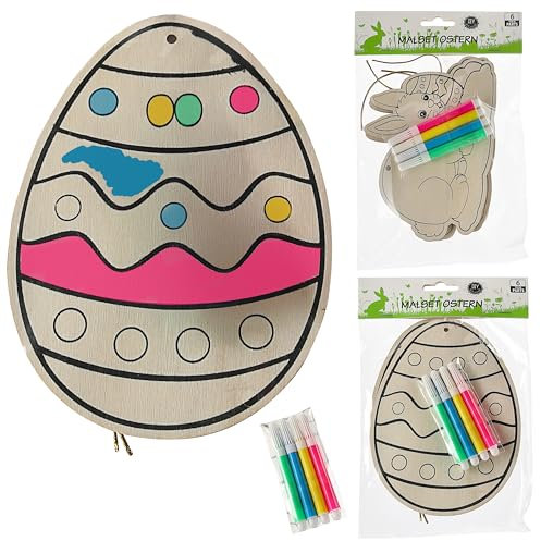 Cepewa DIY Oster Malset 2er Set Osterhase Osterei | 12x16cm Sperrholz | 4 Malstifte Holzanhänger Schnur gold Osterdekoration