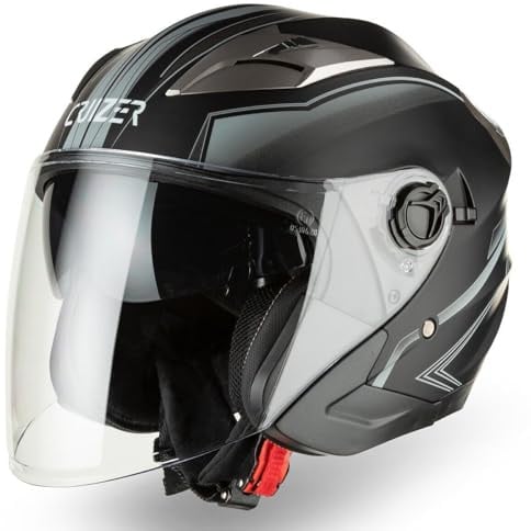Cruizer Casco Jet Moto Scooter Omologato Doppia Visiera Nero Opaco Grafica Grigio Argento (L)