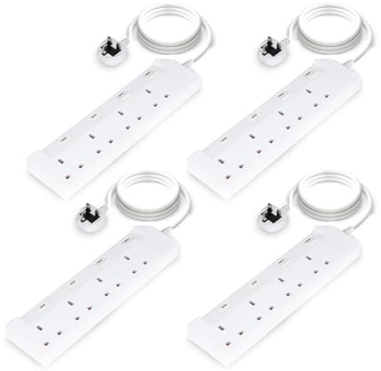 GEEPAS 4 Gang Extension Lead, 2M Cable | 4-Way Plug Extension Cable | Wall Mountable & Multi Socket Mains Strip with Individual Switches for Home Office | Heavy Duty UK Plug | White, Pack of 4