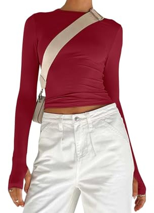 Women's Basic Long Sleeve Slim Fit Crop T Shirt Top Y2K Tops TikTok Crop Top Club Party E-Girls Streetwear(Burgundy-b,S)