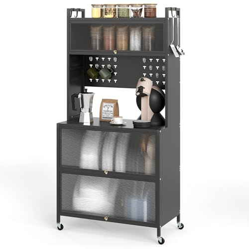 KOMFOTTEU Aparador de Cocina de 5/6 Niveles, 4 Ruedas (80x40x164cm, Gris) | Mueble Buffet con Puertas Transparentes, Soporte para Microondas de Metal, Alacena Alta con Panel de Perforaciones