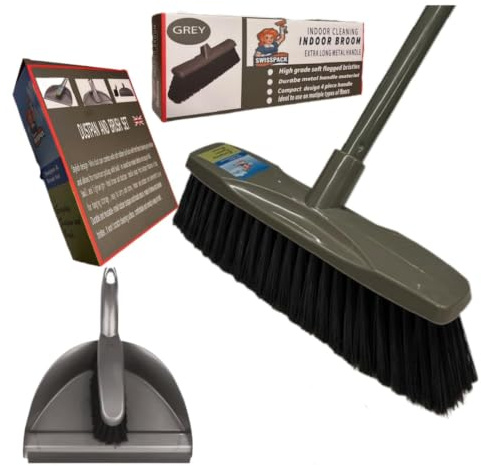 SWISSPACK Broom Indoor Sweeping Broom Brush with Long Handle, Kitchen Broom Indoor Floor Brush with Dense Soft Bristles Brooms Perfect for Sweeping Room Office Kitchen (indoor 2) (Black/Grey)