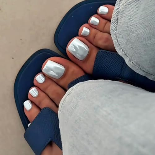Press on Toe Nails - 24 Pieces False Toenails Short - Aurora Blue French Tip Toe Nails - Light Weight Stick on Toenails with Glue - Artificial Summer Fake Toe Nails in 12 Sizes