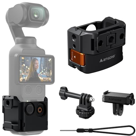 AMAZEAR Protective Cage for DJI OSMO Pocket 4, Pocket4 Accessories Multifunction Frame Metal Case Expansion with Quick-Release Mount Bracket, Wrist Strap, Hot-Shoe for GoPro Adapter, Black