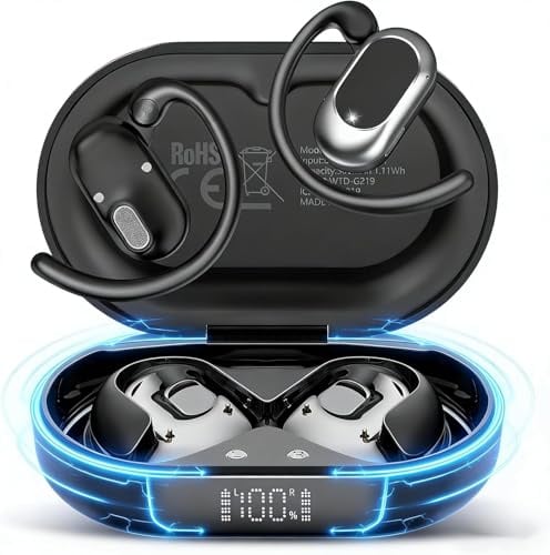 AOTONOK Open Ear Headphones, Running Earphones with Adjustable Ear Hooks | IPX7 Waterproof Bone Conduction Earbuds With ENC Mics, Ultra-Comfort, LED Lights, 36H Playtime Sports Hi-Fi Headphones Gym