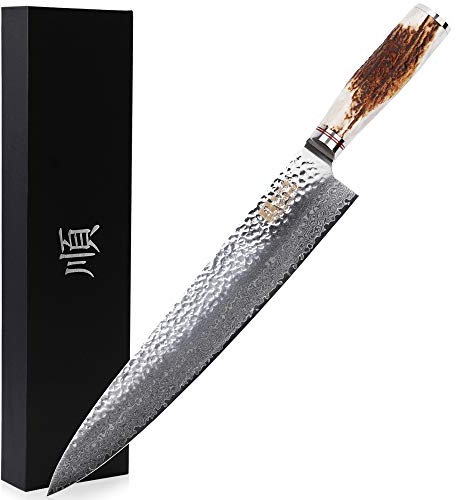 Sunlong Couteau de chef 12 pouces Pro Gyuto japonais VG10 martelé Damas naturel manche en corne de cerf