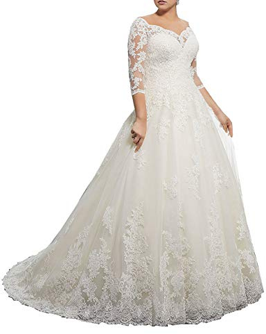 VKStar® Robe de Mariée Grande Taille Longue Dentelle et Tulle Robe de Mariage Hors Epaule Manches Longues Blanc 46