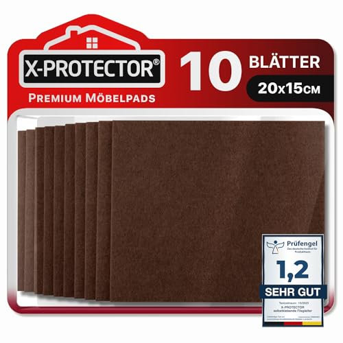 X-Protector Filzgleiter 10 Stück 20 x 15 x 0.5 cm - Prämie Möbelgleiter Braun - Filz Selbstklebend - Bodenschoner für Stühle - Große Menge an Filzgleiter Selbstklebend - Schützen Sie Ihre Böden