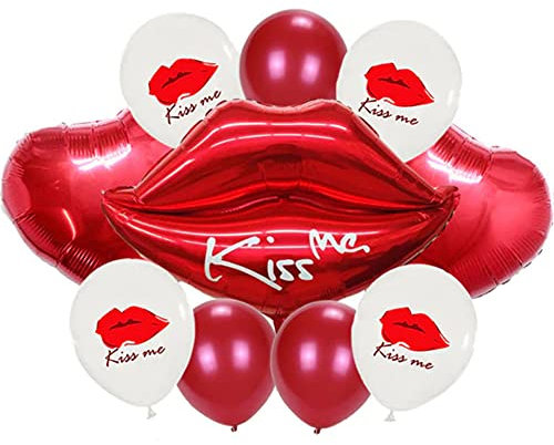 DIWULI, Kiss Me Love Luftballon-Set, Lippen-Ballon Kuss rot, Ballon-Set, Herz-Ballon, Herz-Luftballon, Latex-Ballon weiß, Geburtstag, Hochzeit, Hochzeits-Party, Dekoration, Deko, Geschenk, Liebe