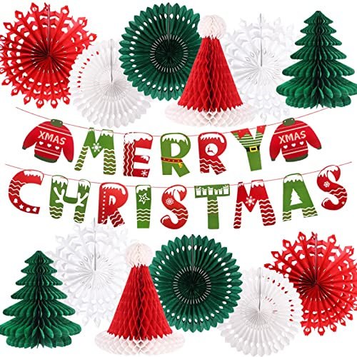 Weihnachts-Party-Dekorationen, Frohe Weihnachten, Weihnachtsmann-Hüte, hängende Schneeflocken, Papierfächer, Weihnachtsbaum, Wabenball für Weihnachten, Party, Abend, Urlaub, Heimdekoration