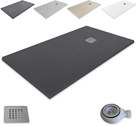 Extra-flat Resin Shower Tray outletaseo – All Sizes Available – Non-Slip Slate Texture – Includes Waste Valve + Grate (160x90, Noir RAL9005)