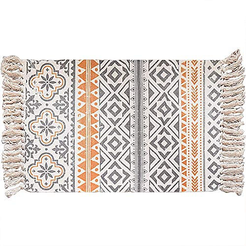 Ewolee Teppich, Boho Teppich mit Quasten Gewebte Waschbare Baumwolle Teppiche für Küche, Wohnzimmer, Schlafzimmer, Waschküche, Eingangsbereich, 60x90cm (C)