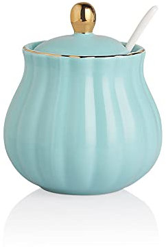 Sweejar Royal Keramik-Zuckerdose, 340 ml, Zuckerbehälter mit Löffel und Deckel, Porzellan, Salzschale, Salzbehälter, Zuckerhalter für Kaffeebar, Zuhause und Küche (türkis)