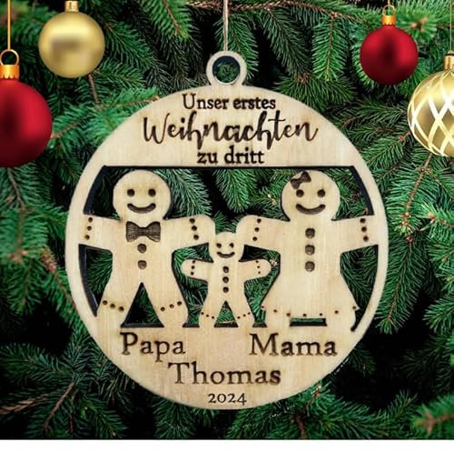 Pet-Jos Personalisierte Unser Erstes Weihnachten zu dritt mit Namen Lebkuchen Christbaumschmuck Weihnachtsdeko aus Holz Weihnachtsbaum Weihnachtsbaumschmuck