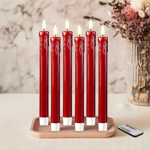 Eywamage Red Christmas Flameless Taper Candles with Remote, Realistic Dripping Wax LED Candlesticks Battery Operated Set of 6