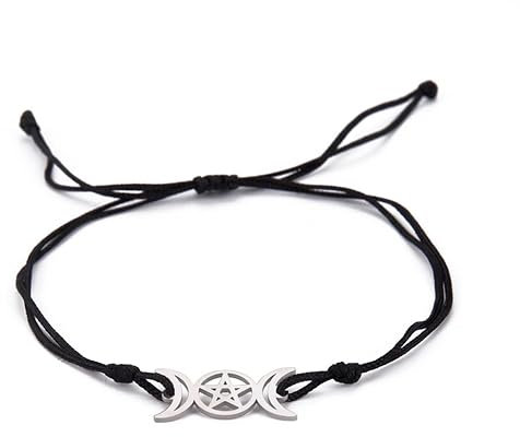 EUEAVAN Dreifach Mond Göttin Pentagramm Stern Wachsfaden Armband Amulett Pentagramm Religion Armreif Edelstahl Schmuck Symbol Witchcraft Geschenke für Frauen (black)