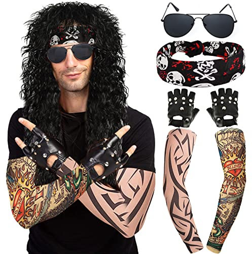 Perücke 80er Jahre Vokuhila für Herren & Damen Fasching Karneval Perücken Schwarz Locken Hippie Rocker 70er Jahre Heavy Metal Kostüm Mullet Mottoparty Halloween Wig Perücke DE058B