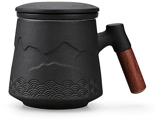 NCQIXIAO Tasse à thé avec infuseur et couvercle, tasse à thé graduelle avec infuseur, poignée en bois, tasse à café en céramique avec couvercle, 430 ml (noir)