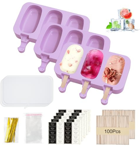 3 Pièces Moule à Crème Glacée en Silicone, Grands Moule à Glace avec Couvercles Violet, Moule Magnum Cake avec 100 Bâtons de Glace 100 Sacs d'emballage 100 Fils D'emballage et 100 Autocollants