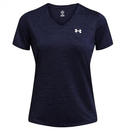 Under Armour Women's Tech Short Sleeve V-Neck Twist, Comfortable Women's T-Shirt, Versatile Gym Top for Sports, Training and Casual Wear,Midnight Navy / / White,SM