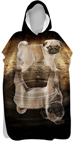 Lukery Badeponcho mit Kapuzen, Kinder Erwachsene Weich Mikrofaser Strandtuch Bademantel Handtuch Badehandtuch Hund Drucken für Jungen Mädchen Schwimmen Strand Surfen (60x80cm,Mops)