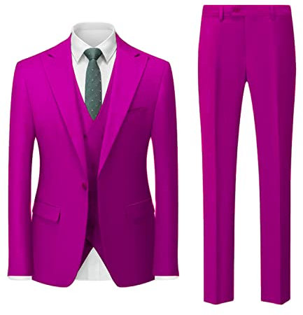 Completo da uomo 3 pezzi Regular Fit Formale Business Prom Sposi Smoking per festa di nozze Solido Blazer Pantaloni Set, Fucsia, 54