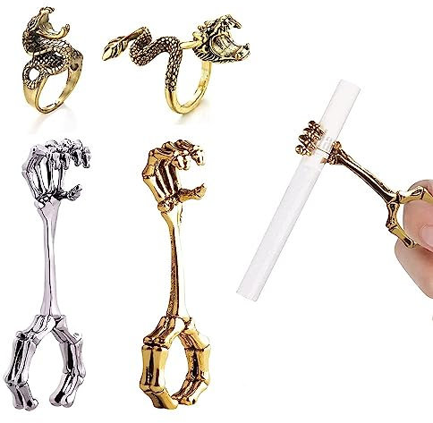 Zigarettenspitzen-Fingergelenkring – 4 Stück, Haltering, Handknochen, Raucherzubehör für Damen und Herren, Skelettknochen, Zigarrenhalter, Fingerverlängerung, Halloween-Geschenke für Männer und Frauen