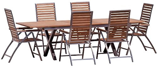 ALEOS. Gartengarnitur Edelstahl Teak Set: Ausziehtisch 200-260x100 cm + 6 Teak-Edelstahl Hochlehner, Sitzgruppe A-Grade Teak Holz - Serie Nassau - Gartenmöbel Set 6 Personen Gastronomie Qualität