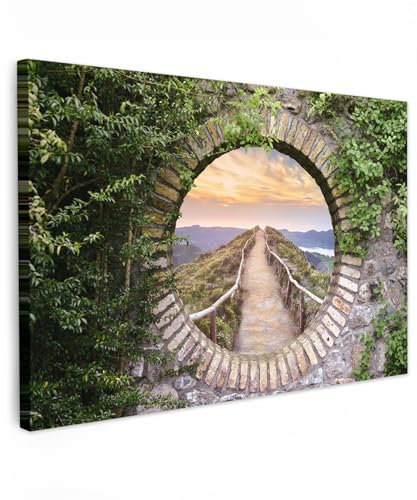 MuchoWow© Stampe su Tela moderne 90x60 cm Quadro Moderno Soggiorno Quadretti da Parete Room Decor Ponte - Mare - Vista dalla finestra - Estate