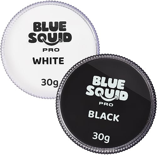 Blue Squid Pinturas faciales profesionales con base acuosa, aptas para la cara y para el cuerpo, para niños, adultos y efectos especiales, envase individual (Blanco y Negro Clásico, 30 g)
