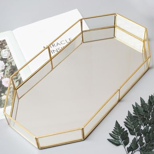 Soulnioi Gold Glass Mirrored Tray Polygon Decorative Tray Jewelry Perfume Organizer Makeup Tray for Dresser Tabletop Home Decor - 31.5cm