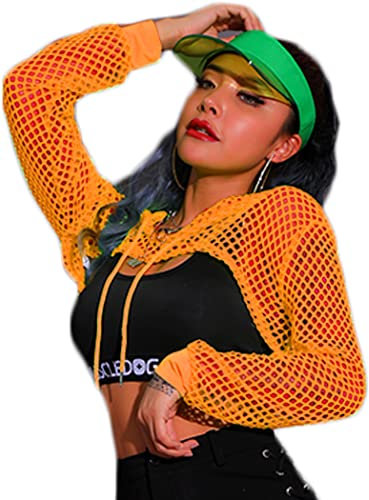 Avidlove Women's Crop Tops Long Sleeve T Shirt Fishnet Hoodies Party Outfit Rave Clothing Mesh Ladies Short Sweatshirt with Drawstring Neon UK Orange M