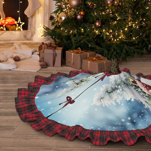 Weihnachtsbaumkugeln, Schnee-Druck, Weihnachtsbaum-Rock, kariert, Weihnachtsbaum-Rock für Zuhause, Leinen, Weihnachtsbaummatte für Weihnachtsdekorationen, 91,4 cm