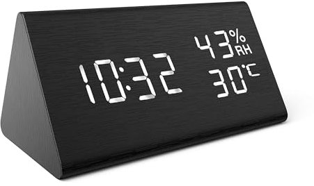 Ankilo Holzwecker, Digitaler Wecker, Anzeige Datum Temperatur & Luftfeuchtigkeit, 3 Helligkeitsstufen, Smart Voice-Activated mit 3 Alarmtönen für Haus, Küche, Schlafzimmer