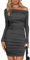 EMOTTOS Women's Hip-Hugging Mini Dresses, Off-Shoulder Pleated Ruched Dress, Square Neck Velvet Ruffle Long Sleeve Wrap Dress, Bodycon Evening Party Dresses, Grey, M