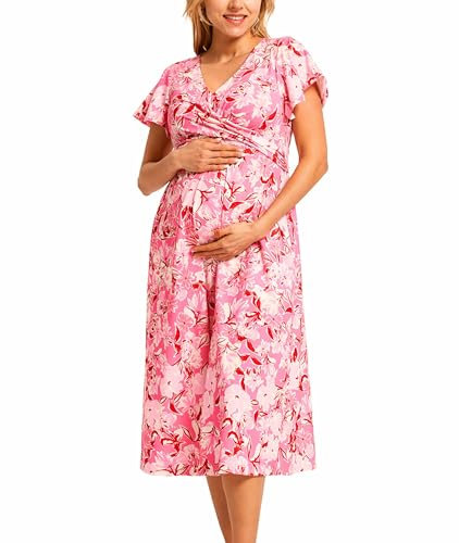 Maacie Abito premaman A-line abito alla moda abito dimagrante, rosa a fiori, L
