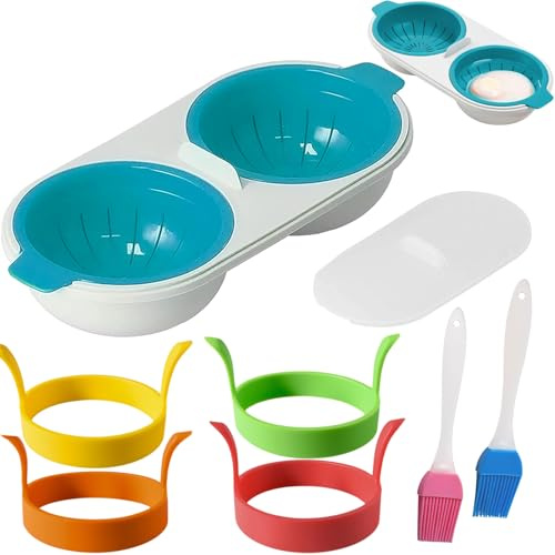 7 Pezzi Cuociuova con Doppio Contenitore Set, Cuoci Uova con Pennello per Olio, Creatore di Omelette, Tazze per Cuocere le Uova Blu, PP Cuociuova per Microonde, Forni, Cucina, Colazione