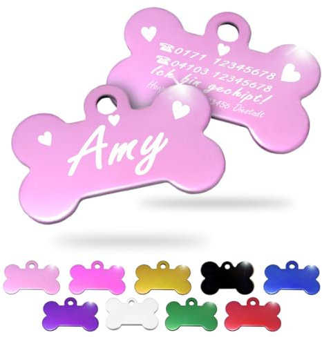 Ibera gifts - Hundemarke mit Gravur und personalisierte Hundemarke in Knochenform für mittelgroße bis große Hunde und Katzen (Rosa, Herzen)